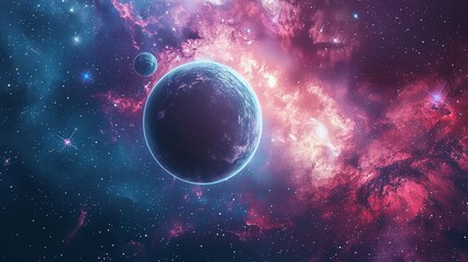 Obraz premium Cosmic Galaxy Scene: Depict a cosmic background featuring a vibrant galaxy with stars, nebulas, and distant planets.