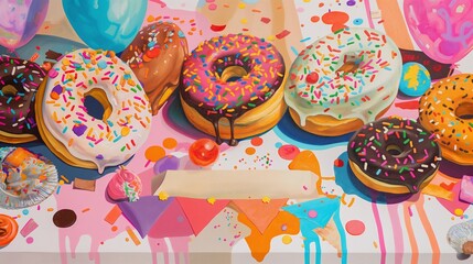 Colorful Donuts with Sprinkles and Icing on a Festive Background