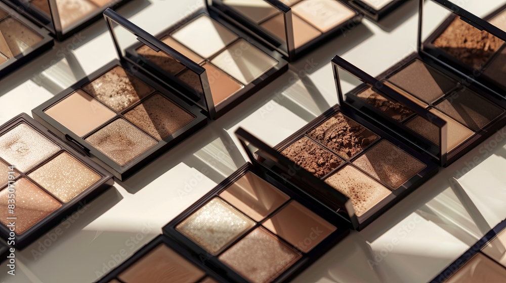Aufkleber Close-up image of various contouring palettes and highlighters arranged on a white surface. Generative AI