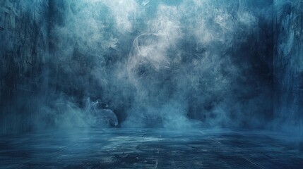 Empty dark blue abstract cement wall and studio room with smoke float up