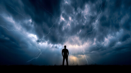 Fototapeta premium A dark and ominous sky crackles with bright bolts of lightning as a mysterious silhouette of a man stands tall
