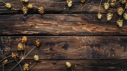 Rustic Wooden Planks with Hop Cones Decor for Autumn and Harvest Themed Backgrounds