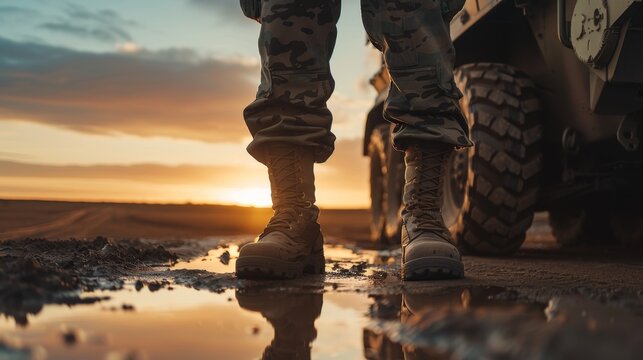 Military boots and armored vehicle captured at sunrise, reflecting strength and perseverance in a challenging environment.
