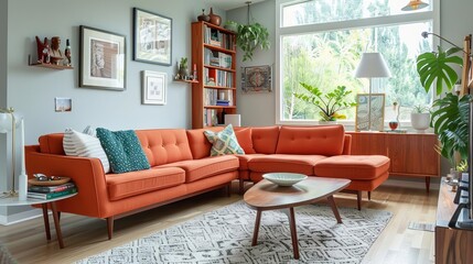 A bright MidCentury Modern living room with light gray walls and a burnt orange sectional sofa The sofa has tapered wooden legs and is adorned with teal and white cushions A walnut