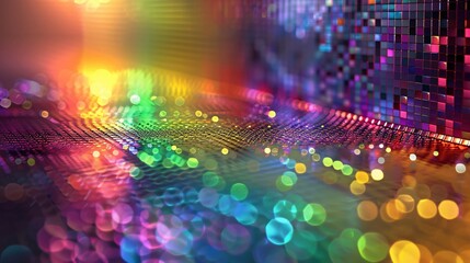 Vibrant, silver holographic background with colorful light refractions and bokeh featuring dynamic sound wave pattern illustration