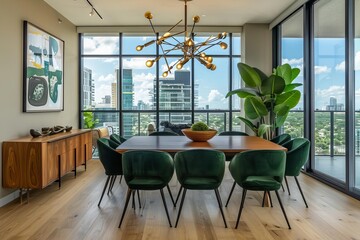 Fototapeta premium A spacious MidCentury Modern dining room with light oak floors and large windows that offer a view of the cityscape The room features a wooden dining table with angled legs and uph