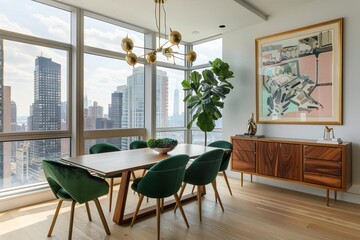 A spacious MidCentury Modern dining room with light oak floors and large windows that offer a view of the cityscape The room features a wooden dining table with angled legs and uph
