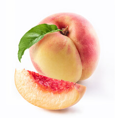 Peach with slice and leaf isolated white background