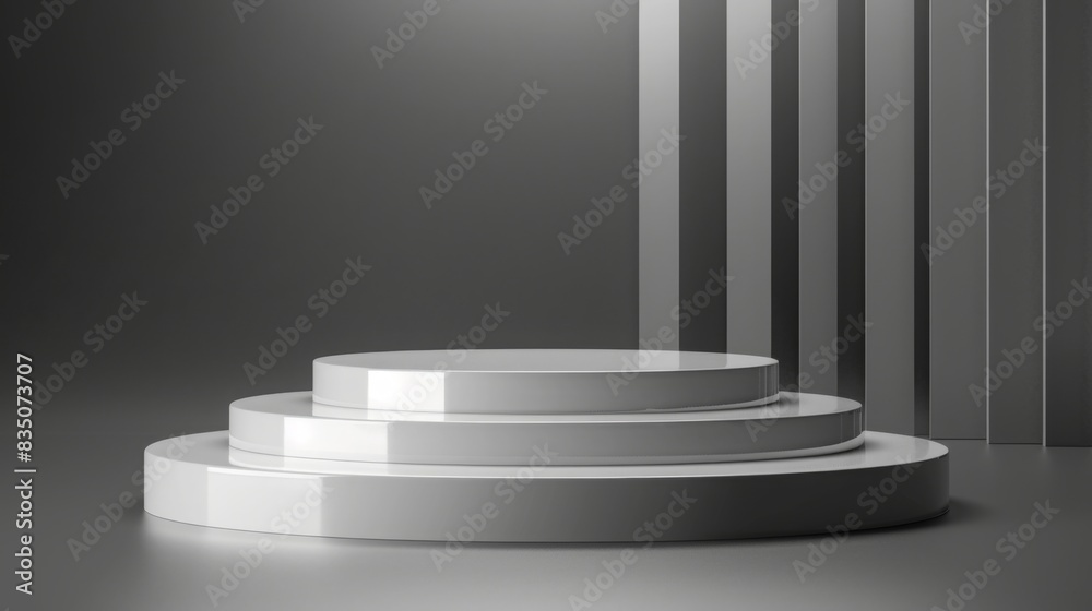 Poster three identical white pedestals stand evenly spaced in a room. the room is neat and well-lit, emphas
