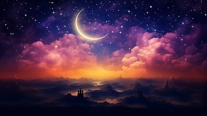 Ramadan dusk picture. Beautiful religious background with crescent, stars and glowing clouds, copy space, generative ai