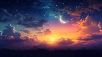 Obraz premium Ramadan dusk picture. Beautiful religious background with crescent, stars and glowing clouds, copy space, generative ai