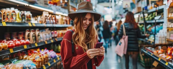 Fototapeta premium A woman is looking at her phone in a bakery. She is surrounded by various pastries and cakes