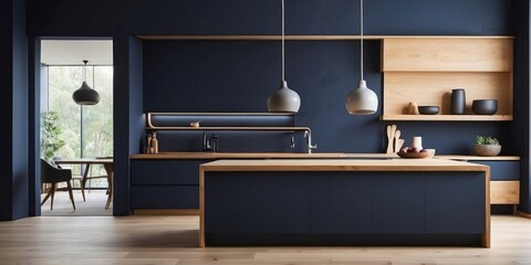 Interior home of modern kitchen on dark blue wall, hardwood floor