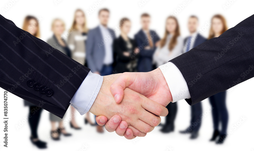 Poster close-up of a handshake with a group of business people blurred in the background, symbolizing a bus
