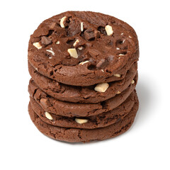 Stack of homemade sweet brown American chocolate chip cookies isolated on white background close up