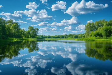Bright blue sky with clouds, green plants and trees are reflecting in the water in warm summer day.


