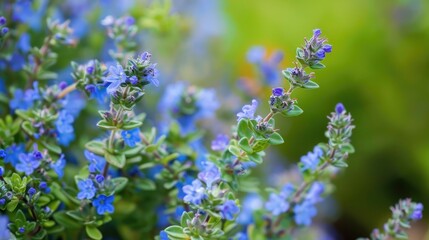 Obraz premium Close up of thyme plant with blooming and seeding featuring blue flowers