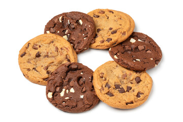 Dark and yellow homemade sweet American chocolate chip cookies isolated on white background close up