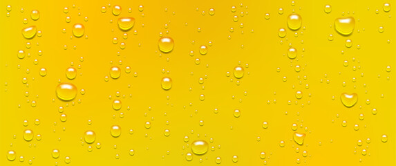 Condensation of water or beer droplets on glass, abstract wet yellow champagne or juice background, backdrop made of rain drops.