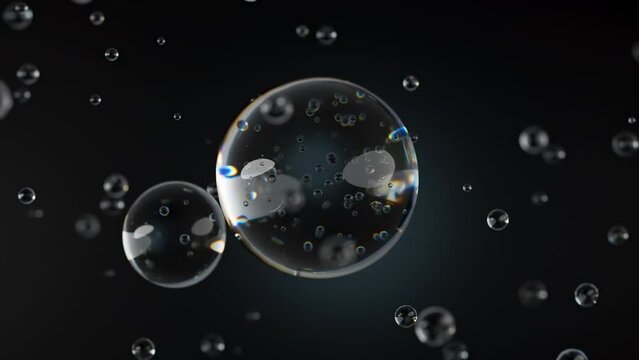 Macro of three drops of transparent liquid merge into one with bubbles inside on black backdrop. Skin care serum droplets uniting into one. Cosmetics moisturizer fluid concept