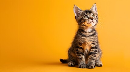 Obraz premium Portrait of happy excited cute kitten isolated on yellow background with copy space.