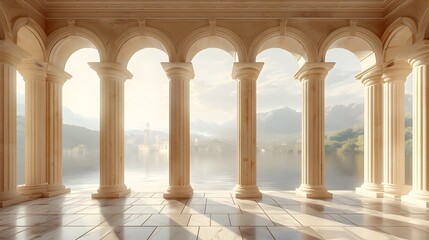 Fototapeta premium Simplicity, beauty, a beige background, classical architecture style with large arches and columns, a stone floor, large windows with a view of a natural landscape.