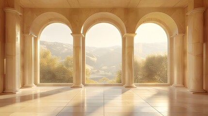 Simplicity, beauty, a beige background, classical architecture style with large arches and columns, a stone floor, large windows with a view of a natural landscape.