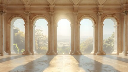 Simplicity, beauty, a beige background, classical architecture style with large arches and columns, a stone floor, large windows with a view of a natural landscape.
