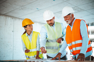 Two men and a woman, in safety helmets and high-visibility vests, engage with blueprints on a construction site, strategizing the next phase of their architectural endeavor.