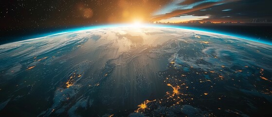 A view of the Earth from space with a bright sun in the background