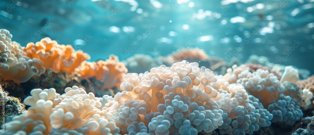 Wall mural A cluster of white and orange sea anemones are floating in the water