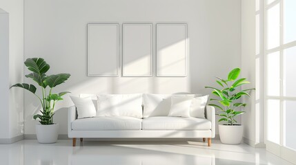 Indoor mockup. Clean and bright waiting room of a beauty or hair salon with plant, white sofa and banners