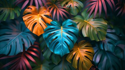 Bright neon light, tropical leaves, manstera leaves, palm leaves, dark green tropical leaves.