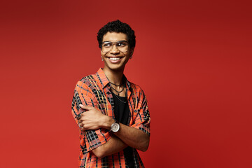 Smiling young man donning glasses and plaid shirt
