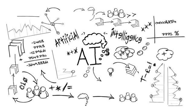 AI Artificial Intelligence black and with sketch drawing pen brain calculation outline chart generative robot animation