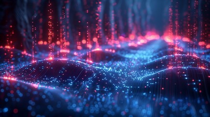 Glowing Red and Blue Particles in a Wave Pattern During Night