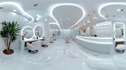 Nail salon bright interior, panorama of modern manicure shop. Inside beauty studio, spa room with white design. Clean empty trendy nail salon. Cosmetic service and store theme. Moscow - Feb