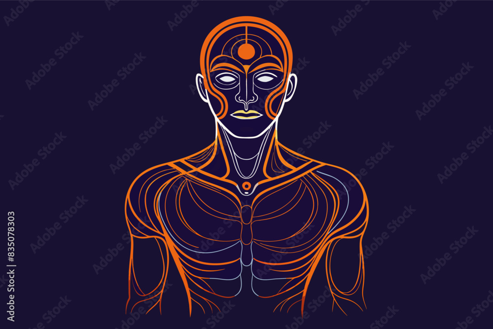Poster a man with a glowing head and torso, surreal single line art exploring the human form