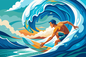 a man riding a wave on top of a surfboard, Surfer catching a barrel wave