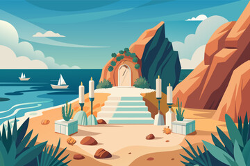 a beach with a door and stairs, Sunkissed clifftop wedding with a minimalist decor, natural stone altar, and the ocean as a stunning backdrop