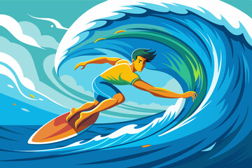 a man riding a wave on top of a surfboard, Surfer catching a barrel wave