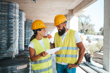 A male and female worker in safety vests and helmets examine plans amidst building materials, actively collaborating on a construction project in a sunlit area.