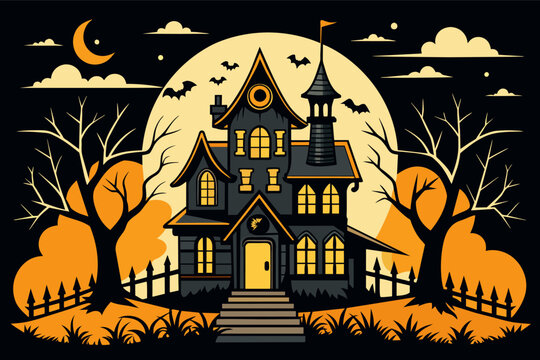a halloween house with a full moon in the background, Spooky haunted house outline for a Halloween vibe