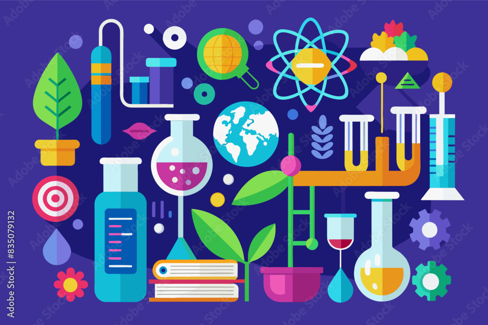 Poster a science themed poster with various science related items, set of flat design avatars representing 