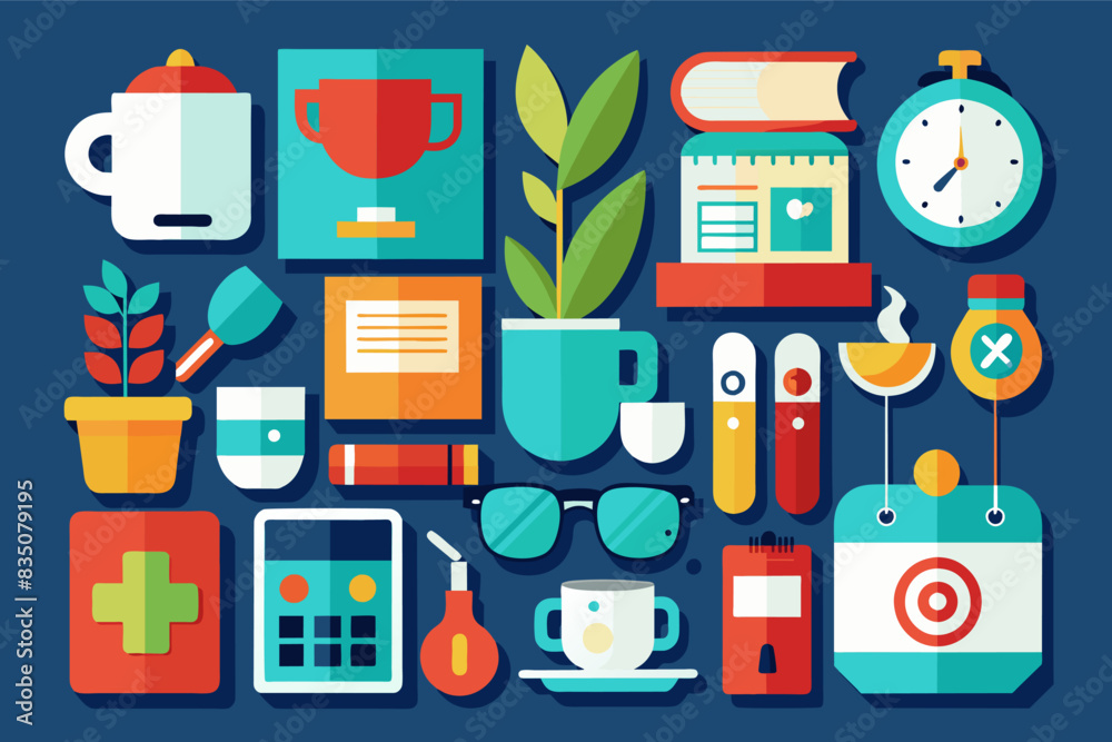 Poster a bunch of different items that are on a blue background, Set of flat design icons depicting everyday objects in a minimalist and colorful style