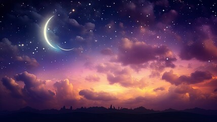 Fototapeta premium Ramadan dusk picture. Beautiful religious background with crescent, stars and glowing clouds, copy space, generative ai