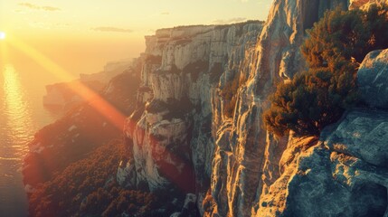 Stunning coastal cliffs with a beautiful sunset overlooking the sea, capturing the serene beauty of nature and rugged terrain.