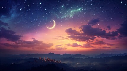 Fototapeta premium Ramadan dusk picture. Beautiful religious background with crescent, stars and glowing clouds, copy space, generative ai