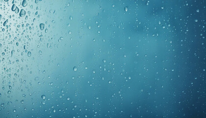 Fototapeta premium Wet window blue background, water drops on glass, rainy weather, copy space