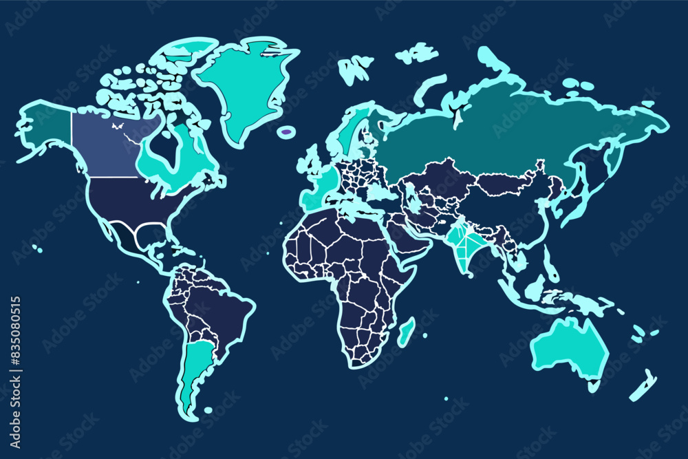 Poster a map of the world with a blue background, Intricate world map outline with countries marked